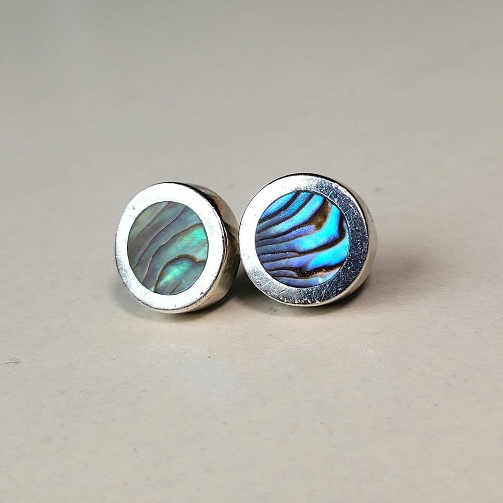 Vintage 925 Sterling Silver Abalone Shell Round Stud Earrings Iridescent Blue